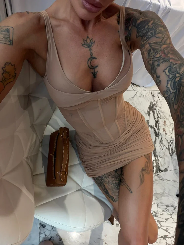 Schickes Einfarbiges Ärmelloses Bodycon-Minikleid Sexy V-Ausschnitt Plissierter Taille Fischgrätenrock Trendiges Sommer-Party-Club-Urlaubskleid – Detail 4