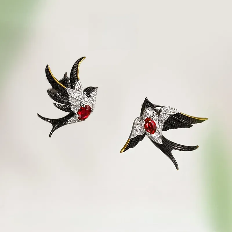 

Chinese Style Zircon Swallows Ear Studs, Chain Brooch Couple Jewelry Literary and Elegant Temperament, Bird Earrings, Brooch