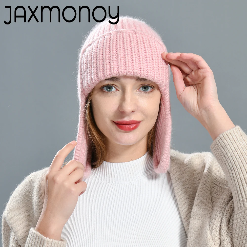 Jaxmonoy Women Cashmere Beanie Hat Autumn Winter Solid Comfortable Warm Hat With Earflaps 2022 New Thicken Female Skullies Cap