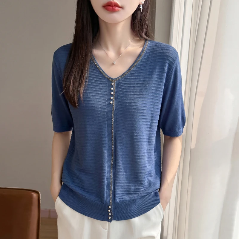 Summer High-End Knitted Short Sleeve T-Shirt Versatile Thin New Style Top Small Size V-Neck Loose plus Size Women's Clothing