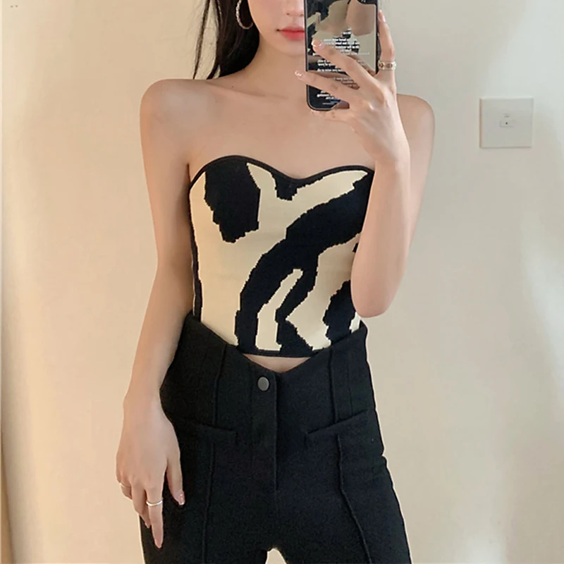 Xingqing Strapless Tube Top y2k Clothes Women Cow Striped Print Off Shoulder Sleeveless Vest 2000s Aesthetic Clothing Streetwear