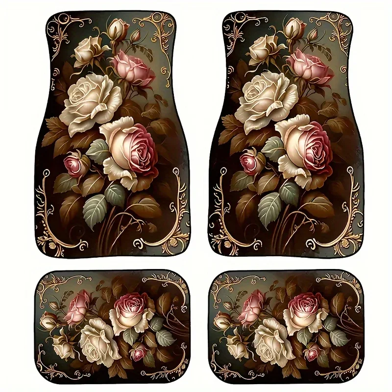 

Всепогодные 4 шт. Набор винтажных классических художественных цветочных автомобильных ковриков — защита передних и задних сидений для автомобилей, седанов, внедорожников и грузовиков