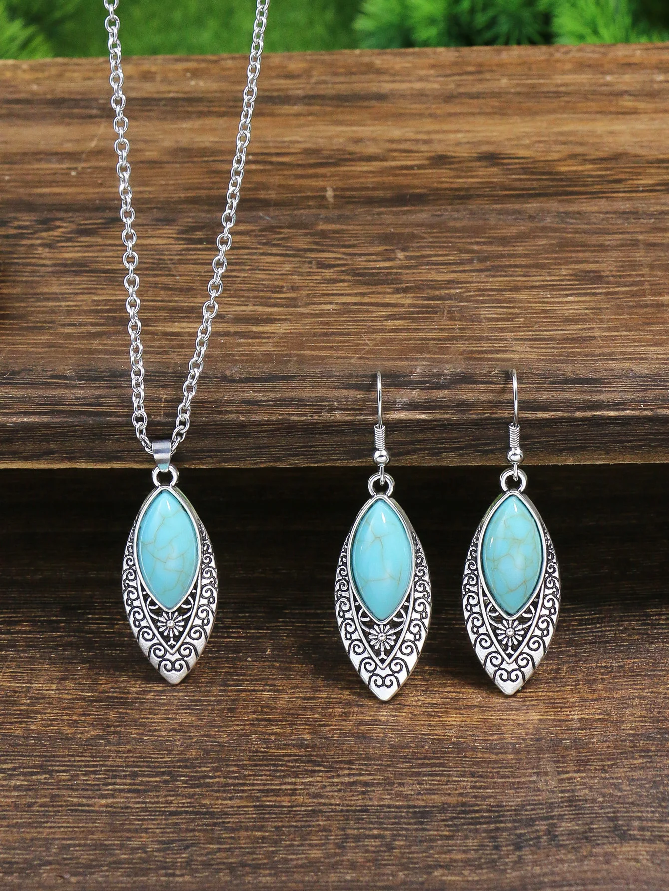 Ethnic Boho Turquoises Necklace Earring for Women Vintage Silver Plated Carved Flower Dangle Earrings Indian Jewelry Gift