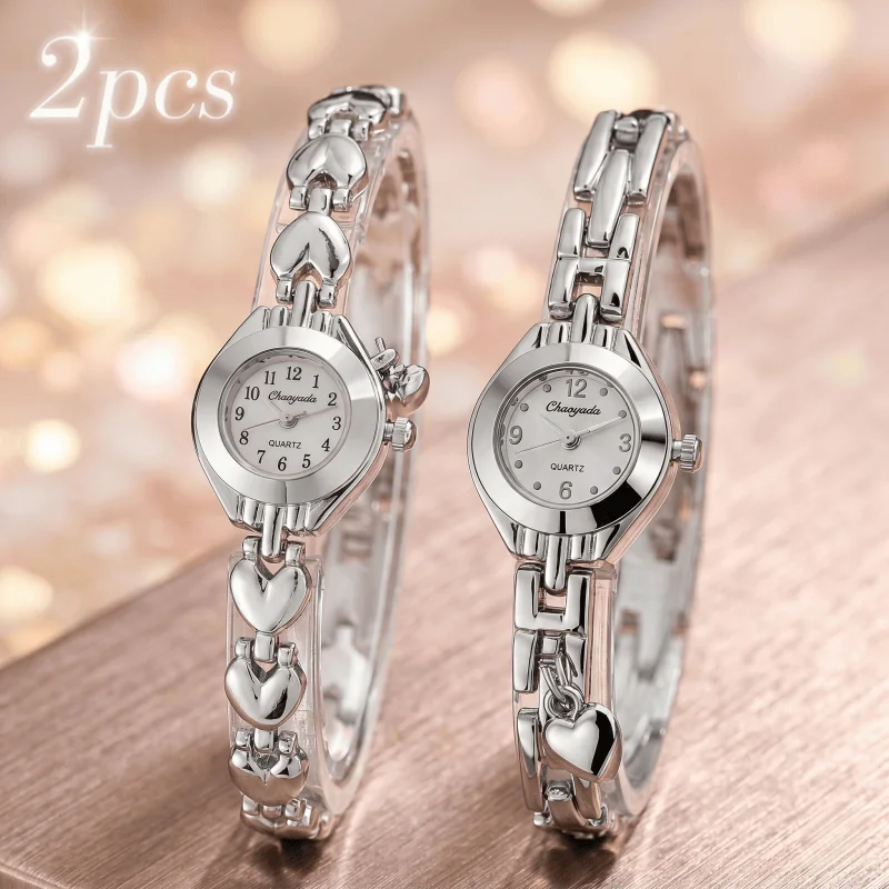 2PCS/Set Ladies Watch Fashion Arabic Dial Women's Quartz Watch Alloy Strap Wristwatch Heart Bracelet Set Clock relogio feminino