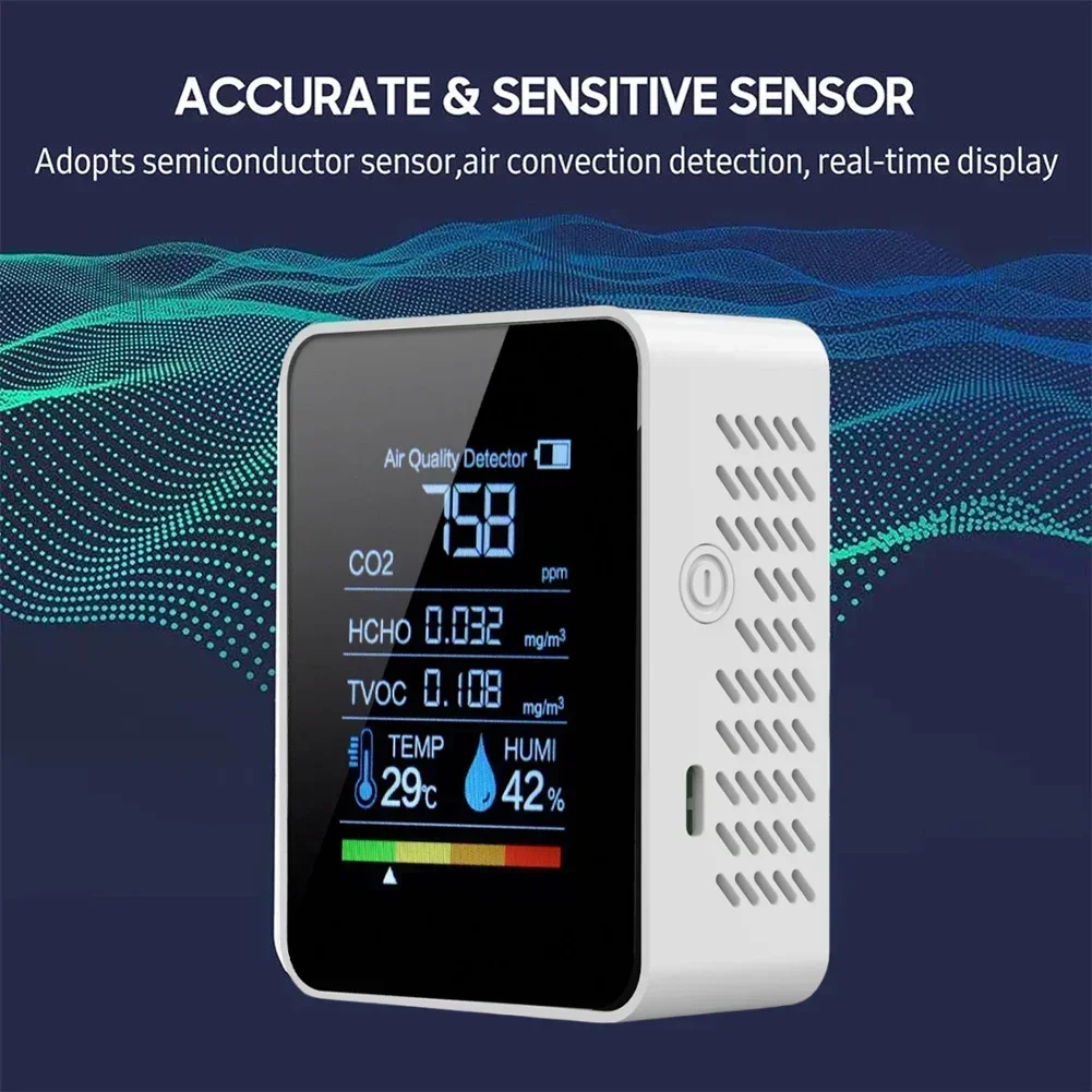 1pc Air Quality Monitor 5 In 1 Indoor  Detector Formaldehyde HCHO TVOC Tester LCD Temperature Humidity Tester Alarm Meter