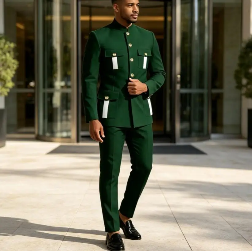 New Design Green Men's Suits 2 Piece Set No Collar Business Formal Blazer Pants Single Breasted Party Groomsmen Wedding Tuxedo