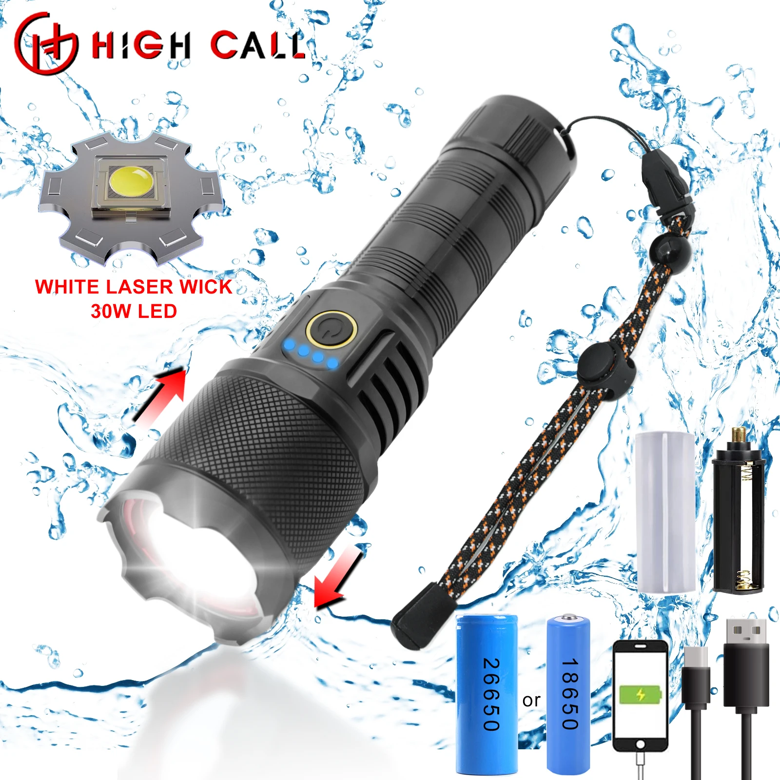 

Laser Ultra Powerful Flashlight 26650 Zoomable Rechargeable Torch LED Lighting with USB Charging Powerbank Work Tactical Type C