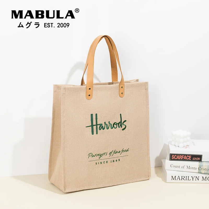 

MABULA Large Capacity Shopper Handbag With Top Handle Eco Friendly Linen Vintage Casual Women Bags Shopping Purses