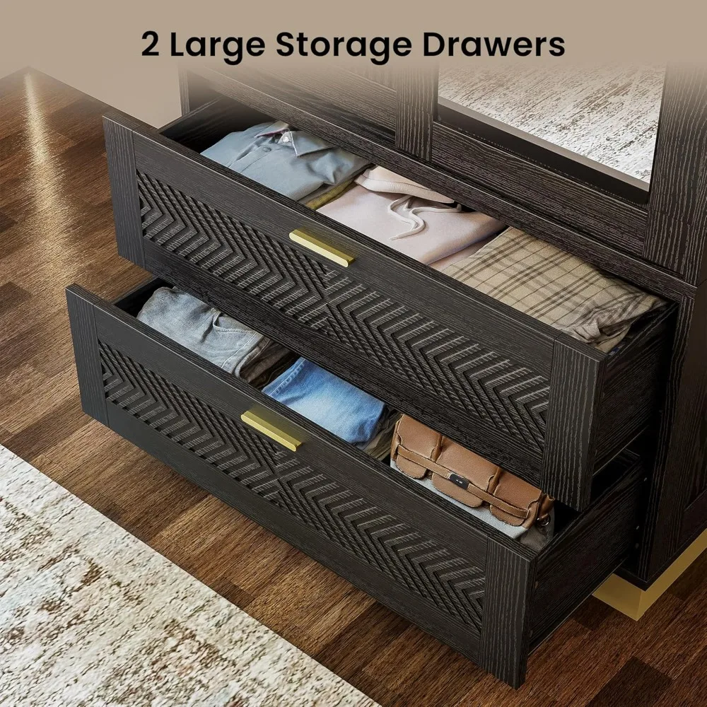 خزانة ملابس حديثة بطول 71 بوصة ببابين مع مرآة، أبواب منزلقة، درجين، قضيب تعليق