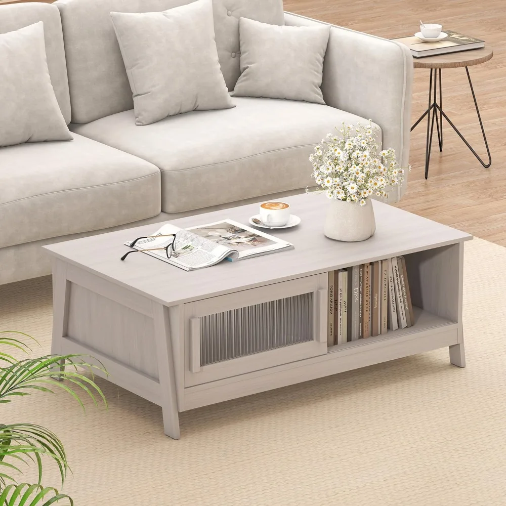 

Rectangular Tea Coffee Table with Storage, Modern Wooden Coffee Table with Glass Sliding Doors for Living Room, White