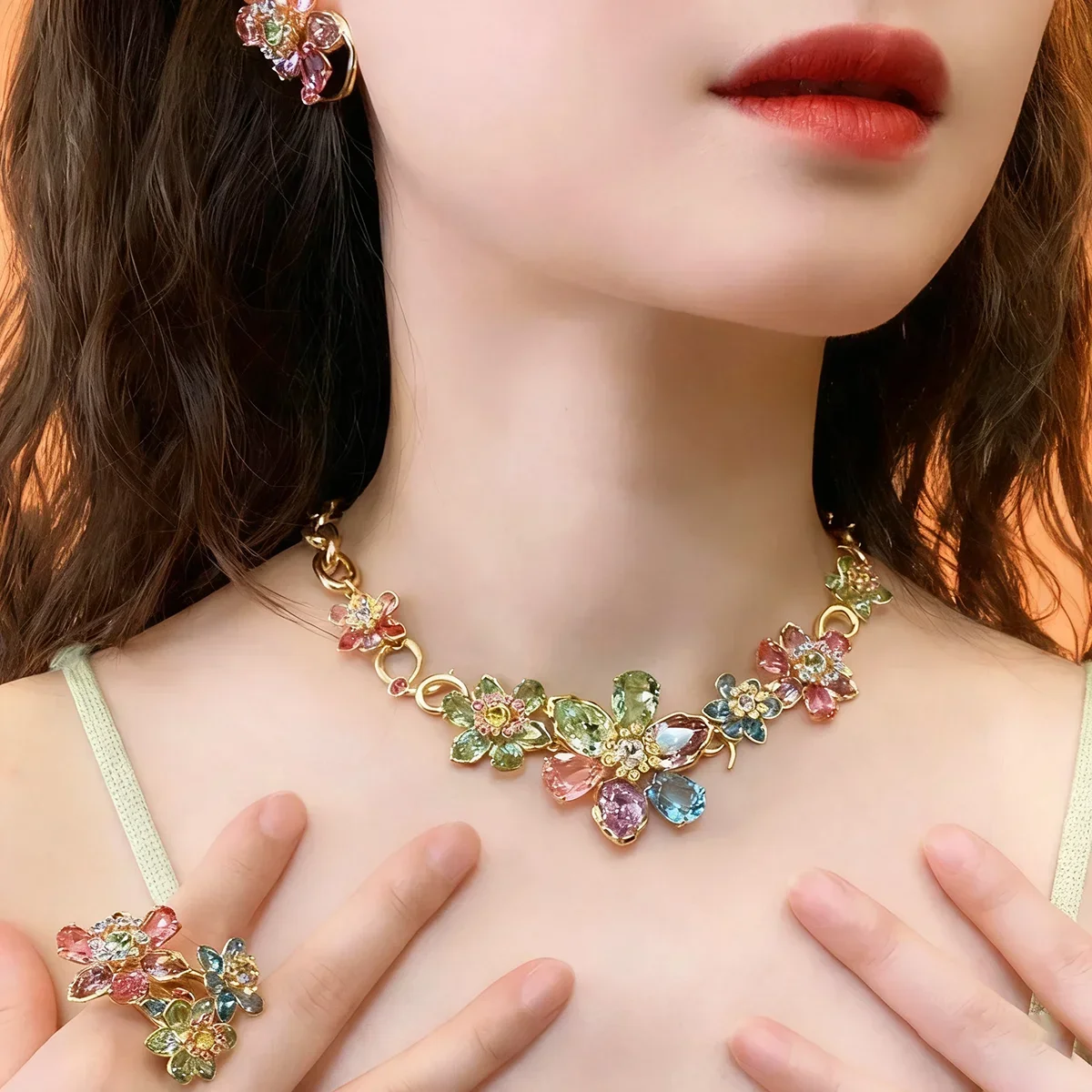 

2025 New Trend Fine Jewelry Sets Charm Pink Blue Flower Crystal Fashion Original Luxury Necklace Earring Romantic Gift for Women