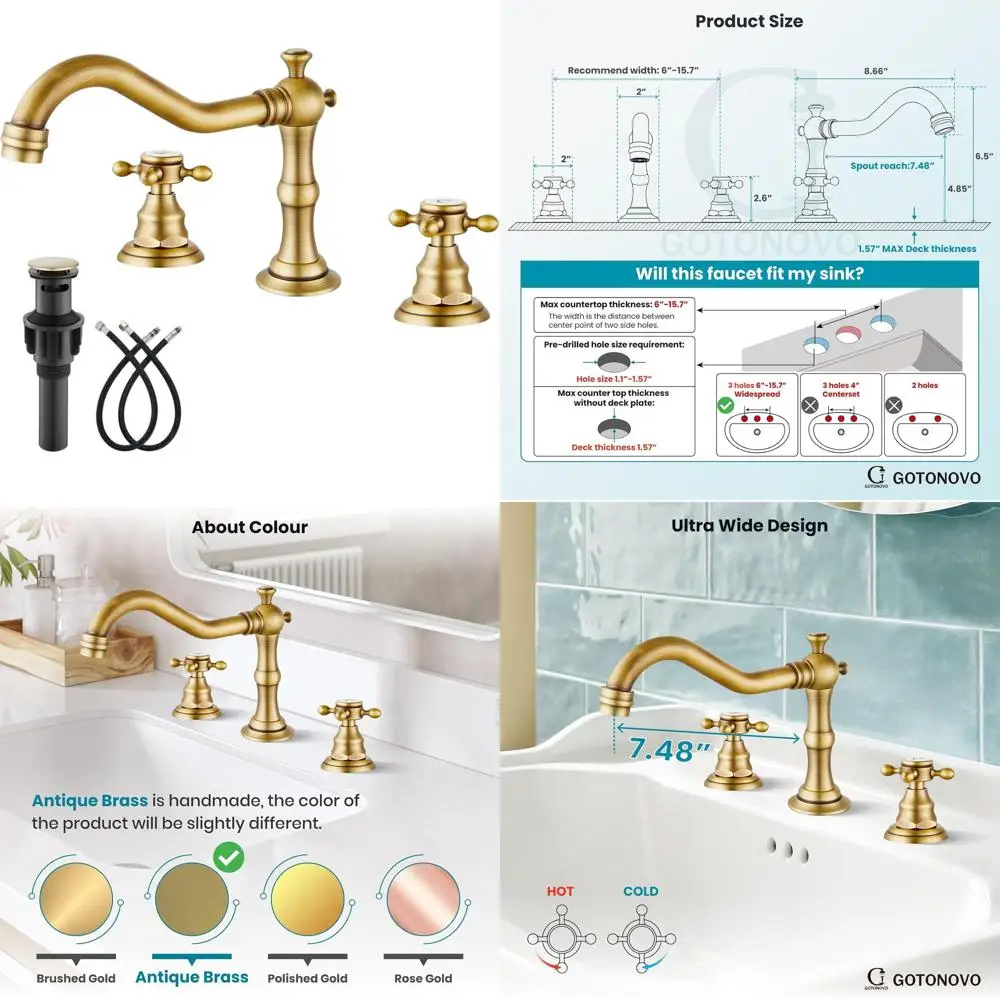

8 Antique Brass Vintage 3-Hole Widespread Lavatory Faucet with 2 Cross Handles and Pop-Up Drain
