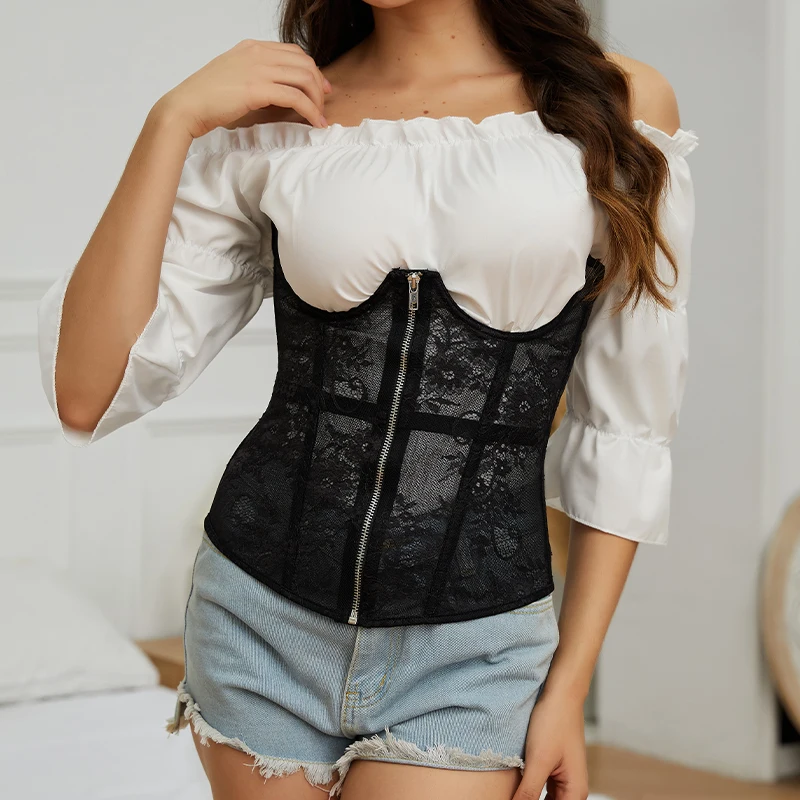 Gothic Lace Corset Belt Waist Corset Top Women Mesh Open Cup Lace Up Boned Bustier Underbust Corset Steampunk Waist Cincher