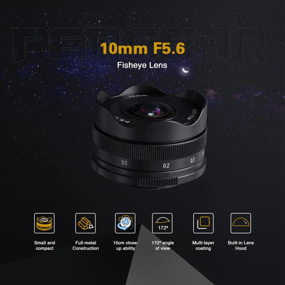 PERGEAR 10mm F5.6 APS-C Fisheye Manual Focus Prime Lens for Fuji XF M43 Sony E Canon EOS M Mount Mirrorless Cameras  Ultra-Wide