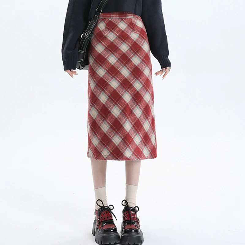 

Autumn Winter Plaid Woolen Skirt Women Bodycon Pencil Skirt Korean Fashion High Waist Split Work Midi Long Skirts Black Red