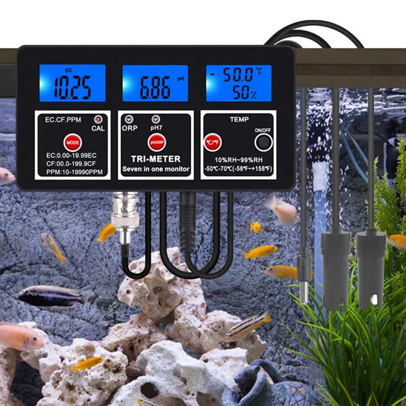 7 In 1 Water Quality Tester Multi-Function EC/TDS/CF/PH/ORP/Humidity/TEMP Meter For Swimming Pool, Fish Pond Durable US Plug