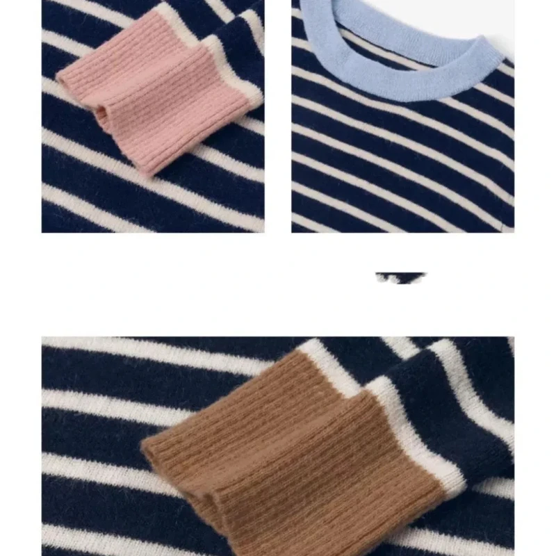 New Spring Autumn Women Spliced pullovers O-Neck Striped Fashion Loose Versatile Minimalist Casual Long-sleeved Knitted Top