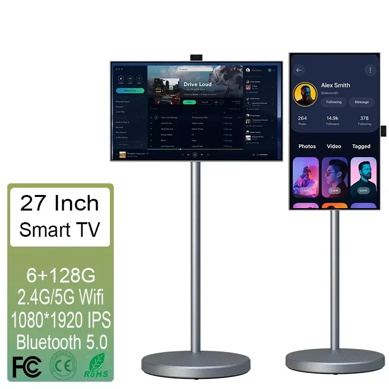 

27-дюймовый умный экран, 6 + 128 г, беспроводной Android-телевизор, портативный смарт-телевизор, подвижный смарт-телевизор для мобильного планшета Tiktok