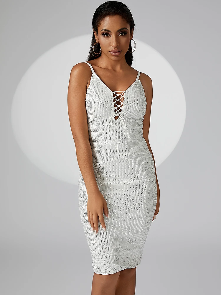 

Elegant Sequin Dress For Women 2024 Summer Slip Sleeveless V Neck Shiny Party Dresses Sweet Office Lady Silver Robes