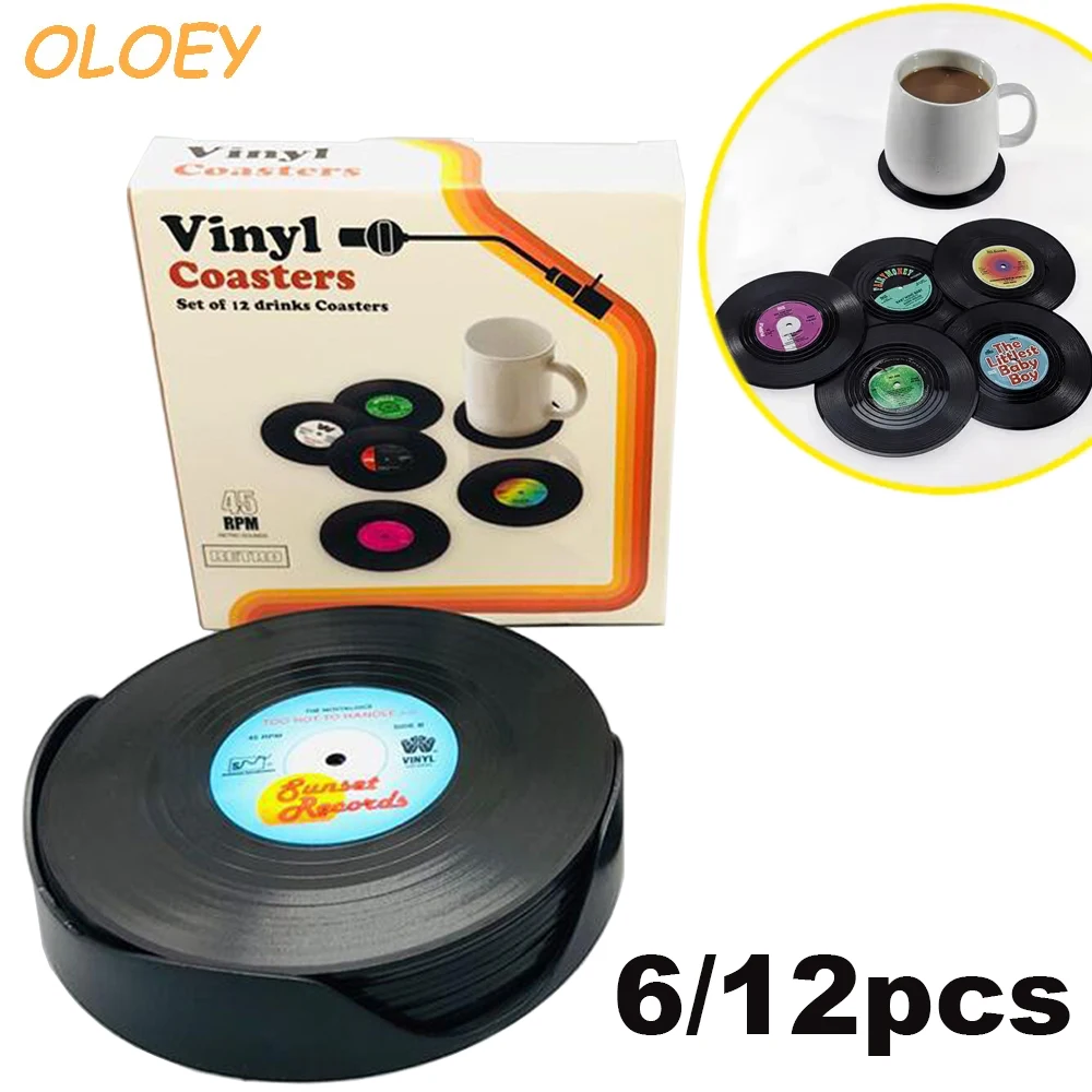 6/12pcs Retro Vinyl Record Cup Coaster Anti-slip Coffee Coasters Heat Resistant Music Drink Mug Mat Table Placemat Home Decor