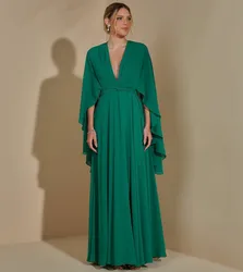 Customized Elegant Long Green V-Neck Prom Dresses With Sash A-Line Floor Length Chiffon Wedding Guest Dress for Women