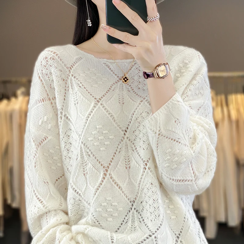 100% pure wool cashmere sweater women\'s O-neck pullover fashion Korean knitted hollow luxury pullover