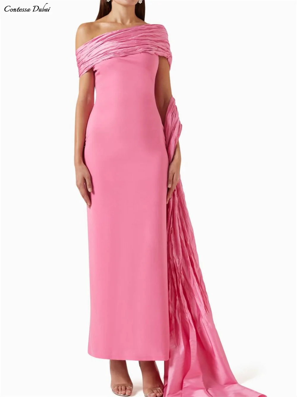 فستان سهرة مخصص من Contessa فستان حفلة موسيقية أنيق رومانسي وردي بدون أكتاف فستان رسمي مع ذيل شال من الساتان لضيف الزفاف