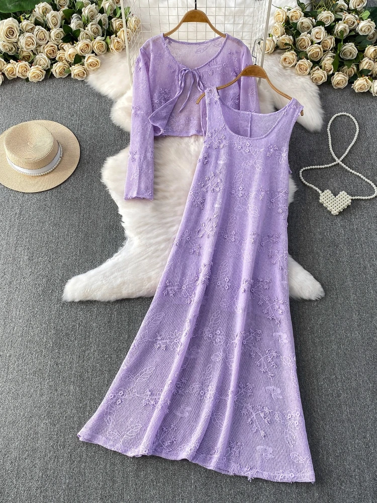 

French style gentle style three piece set women heavy mesh embroidery knit coat paired with lazy vest dress elegant set