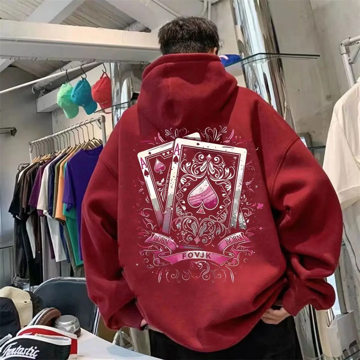 large-size-300-pou-hoodie-men's-clothing-autumn-winter-poker-print-loose-casual-jaet-wine-red-color-sweatirt