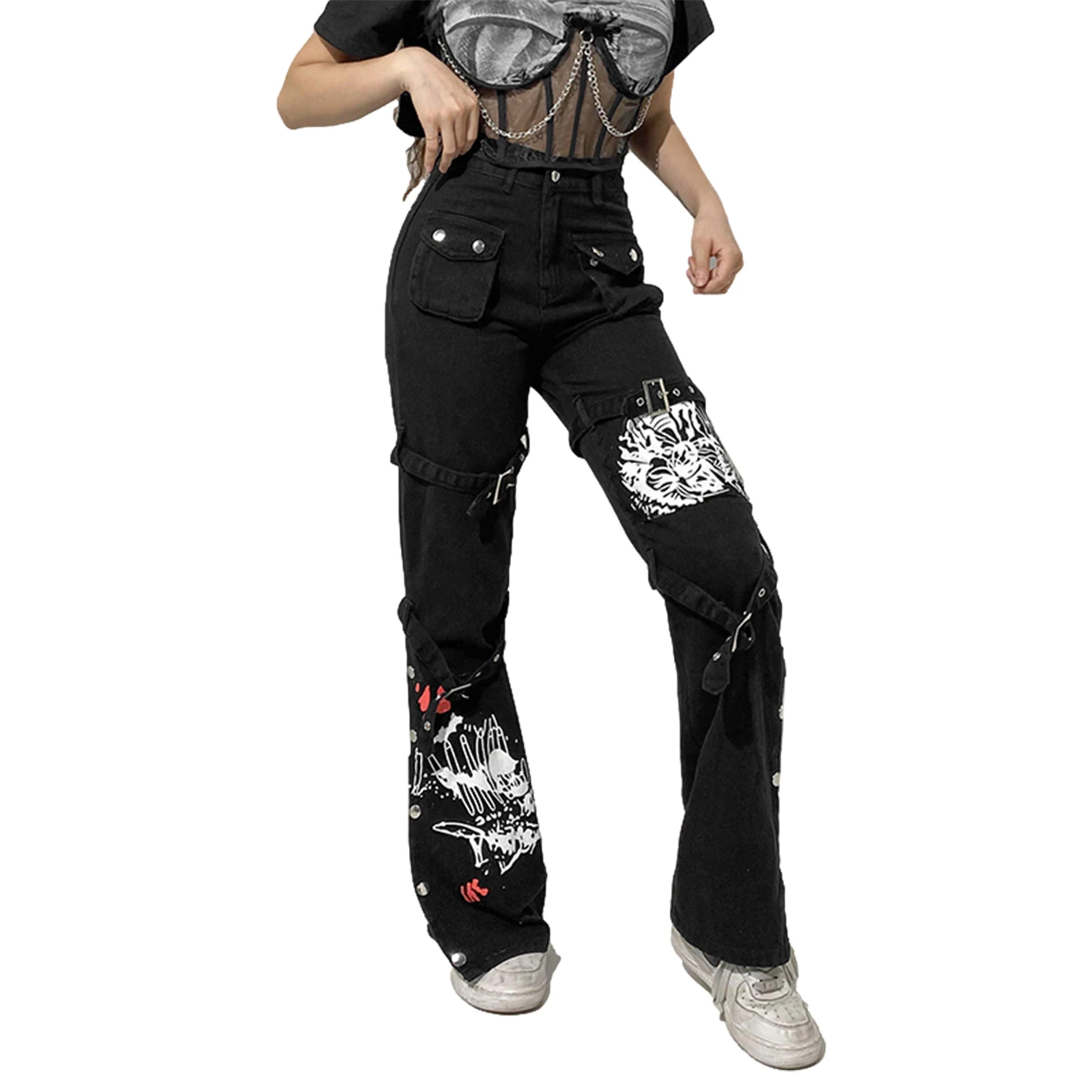 

Women High Waist Jeans with Metal Buckle Belt Lengthened Style Street Dark Spring Clothing