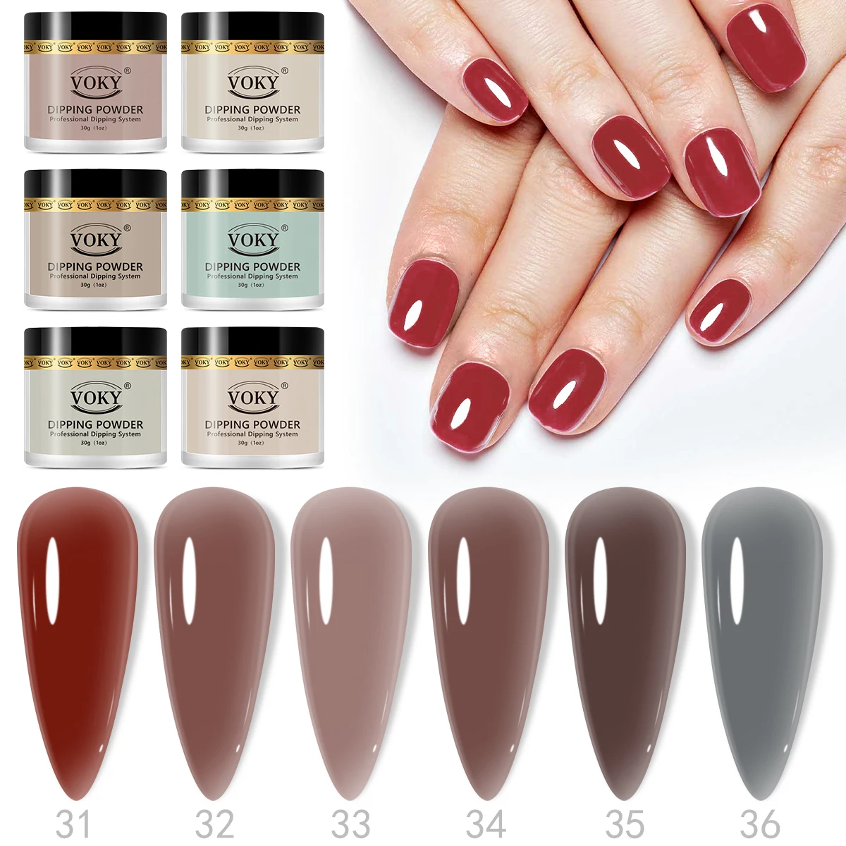VOKY-Poudre à ongles acrylique longue durée, durcissement sans lampe, végétarien, finition haute brillance, renforce les ongles, 180g, 6 pièces
