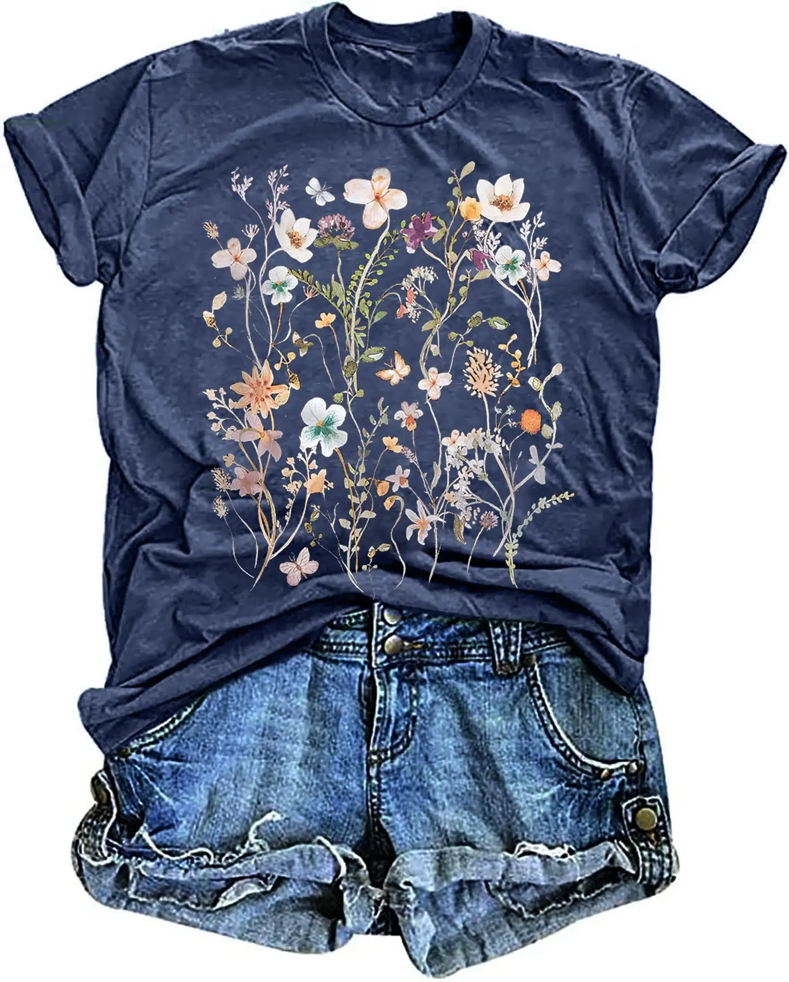 

2025 Women's Retro Printed T-shirt Bohemian Wildflower Pattern Loose T-shirt Short-sleeved Casual Top Women Clothing Graphic