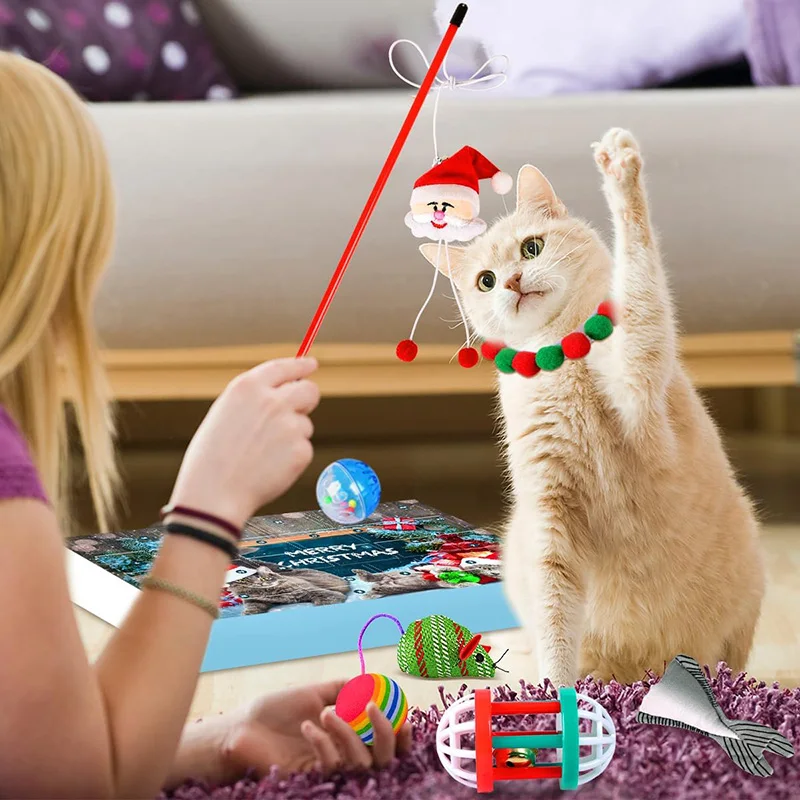 Cat Advent Calendar 2024, 24Pcs Interactive Cat Toys for Indoor Cats - Christmas Cat Collars Cat Bow Tie Feather Toys for Cats