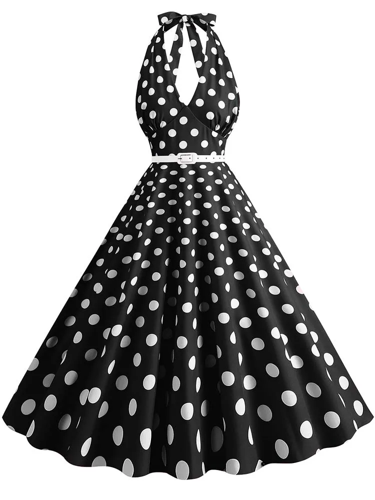 Women Vintage Halter Party Dress Summer Polka Dot Cocktail Prom Elegant Midi Dress