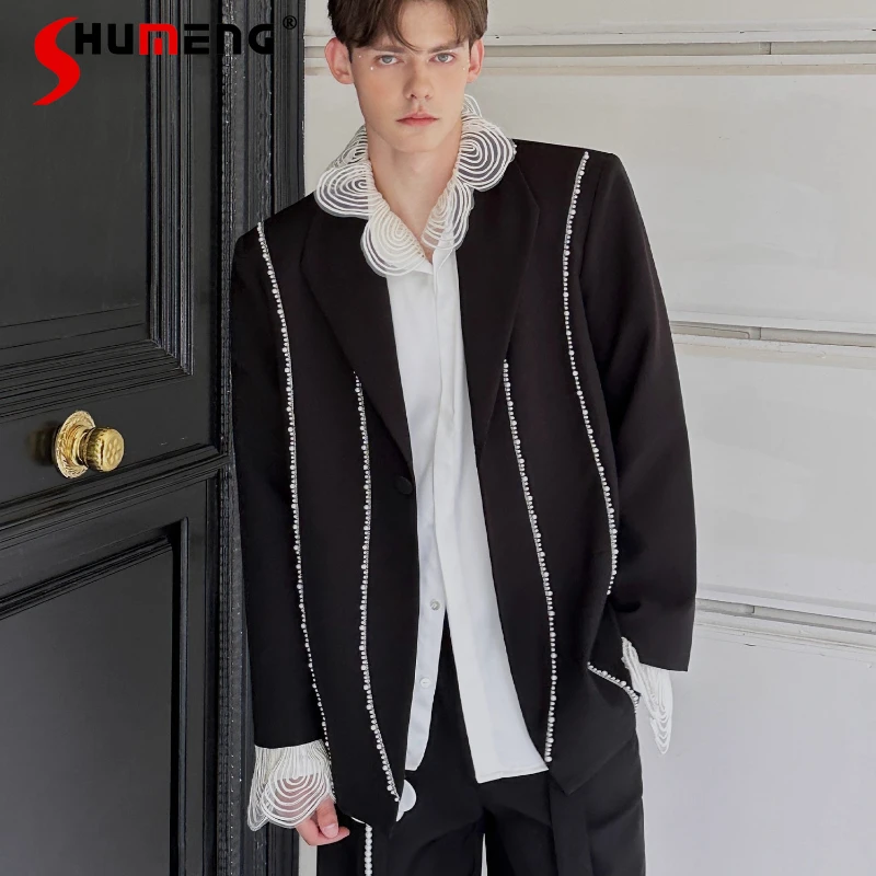 

Men's 2025 Four Seasons Wear New Niche High-end Beaded Blazers Men's Trendy Loose Chic Suit Jackets Male Handsome Tailored Coats