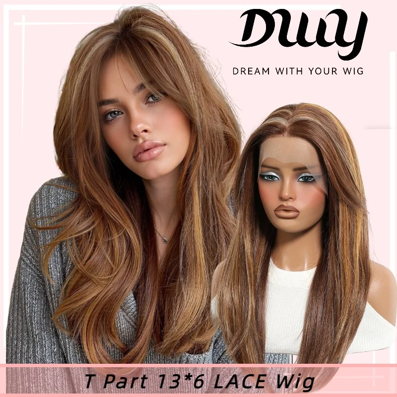 DWY 13*6 Lace Front Wig Free Part Honey Brown With Blonde Highlights Straight Long Center Part 22 Inch Hair For Women Hair Daily