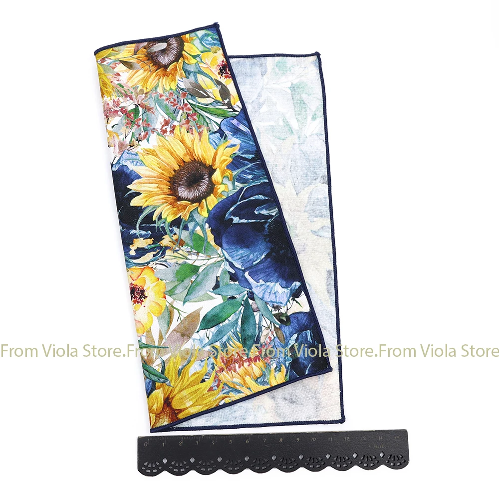 New Vintage Garden Oil Painting 23cm Handkerchief 100%Cotton Sunflower Women Men Wedding Party Suit Pocket Square Gift Accessory