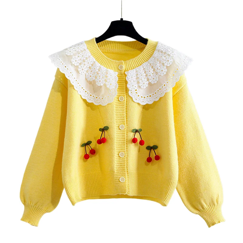 

Sweet Lace Peter Pan Collar Sweater Spring Autumn Loose Long Sleeved Korean Single Breasted Knitted Cardigan For Women