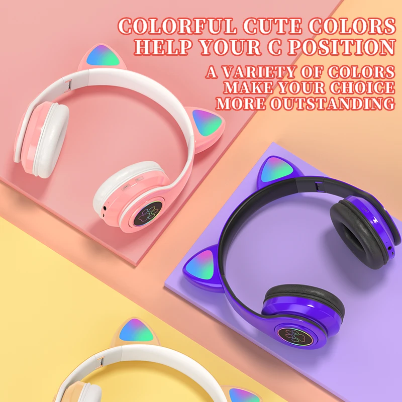 Flash Light Cute Cat Ear Headphones Wireless with Mic Can close LED Kids Girls Stereo Phone Music Bluetooth Headset Gamer Gift