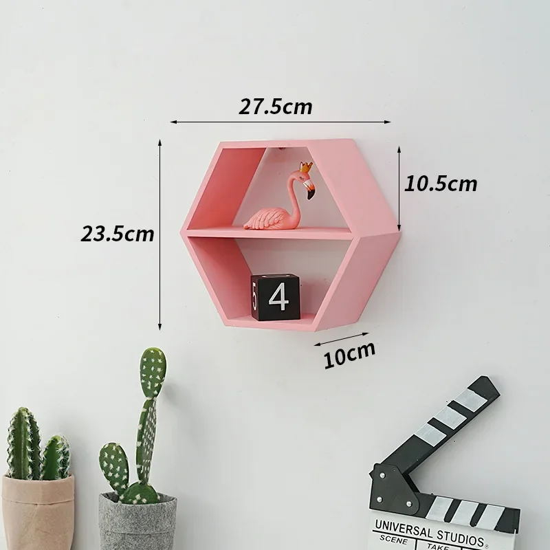 Nordic Style Wooden Decor Wall Mount Hexagonal Frame Books Toys Flower Pot Storage Shelf Holder Figurines Display Crafts Shelves