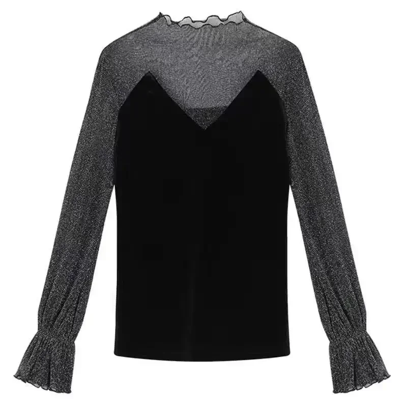 2024 Fashion Sexy Blouse Women Women\'s Mesh Lace Velvet Loose Retro Top for Spring and Autumn Blusas Ropa De Mujer