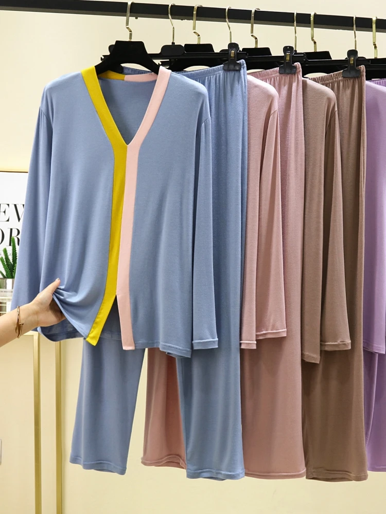 Loose Modal Sleepwear Set for Women V-Neck Long Sleeve Pants And Shirt Autumn Winter Thin Home Clothes Two-Piece Set