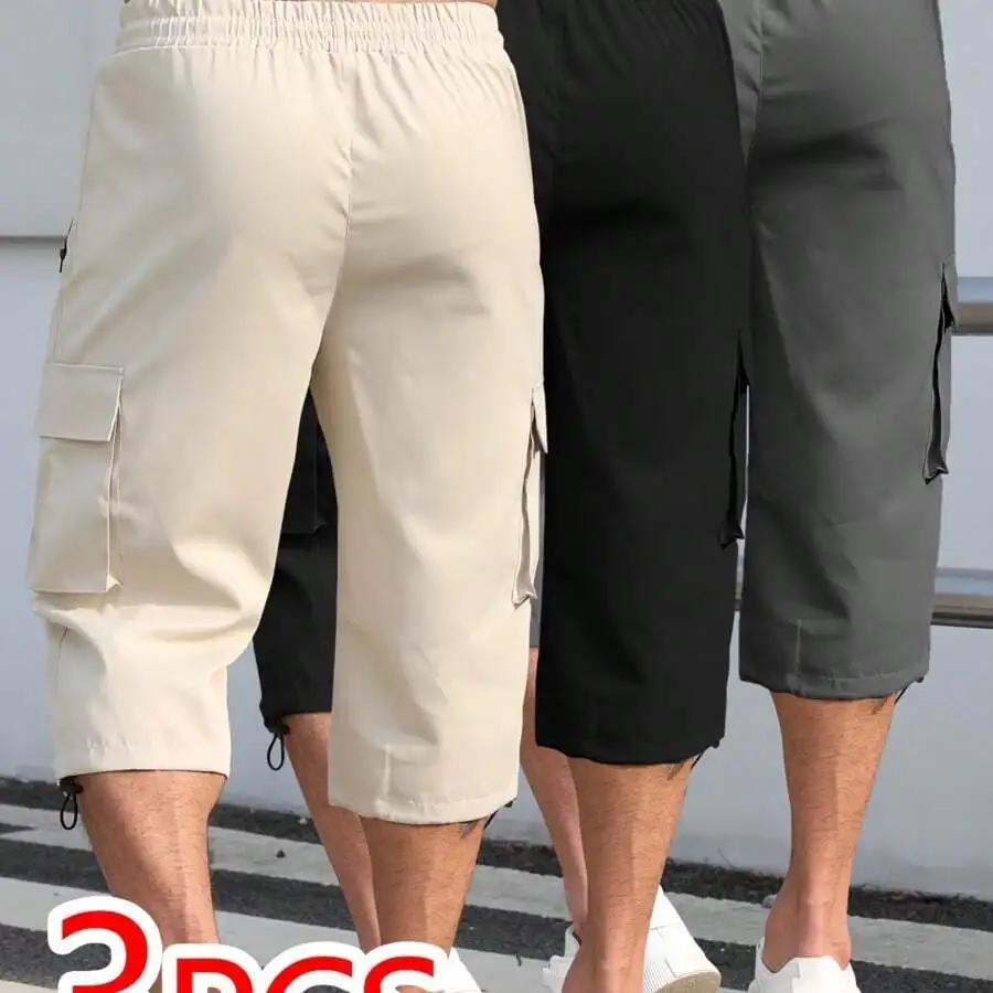

Mens Casual Cargo Shorts 3pcs Polyester Mid-Waist Drawstring Multi-Pocket Summer Pants