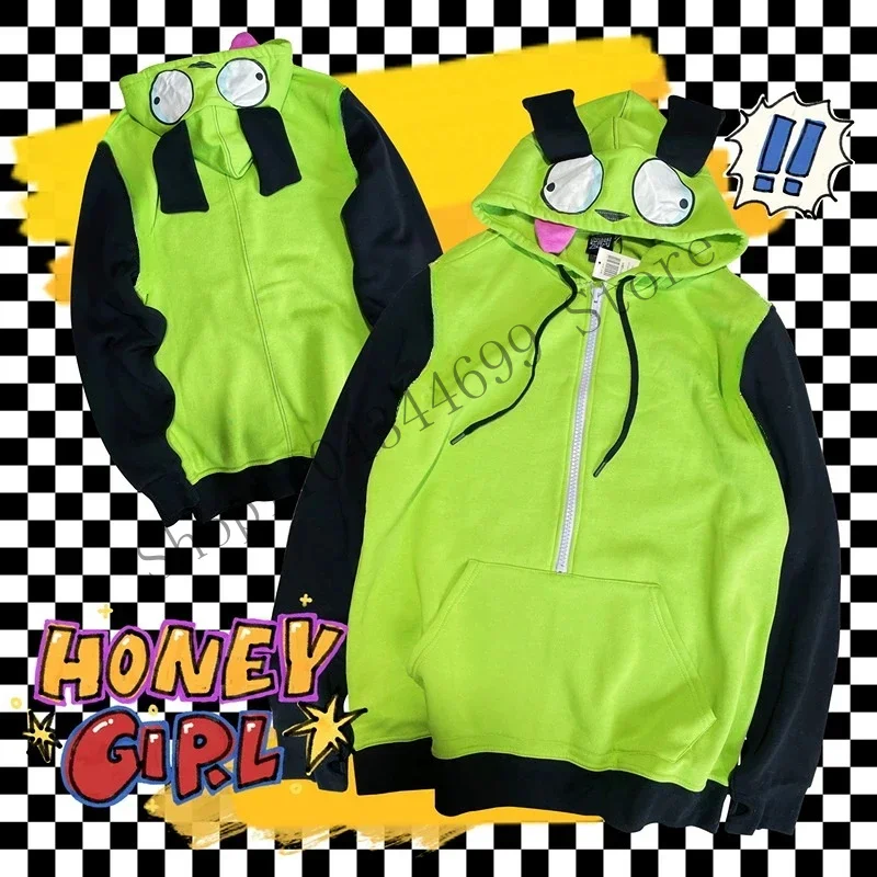 Anime Invader Cosplay Costume Coat Alien Zim Hoodies Jacket Hooded Zip Up Pullovers Sweatshirts With Ears Halloween CMM