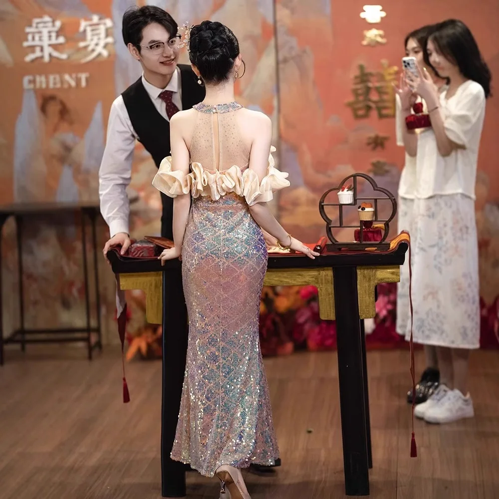 Champagne vestidos de noite longos halter lantejoulas borlas vestidos de baile miçangas sereia vestidos mulher festa de casamento noite vestido de baile