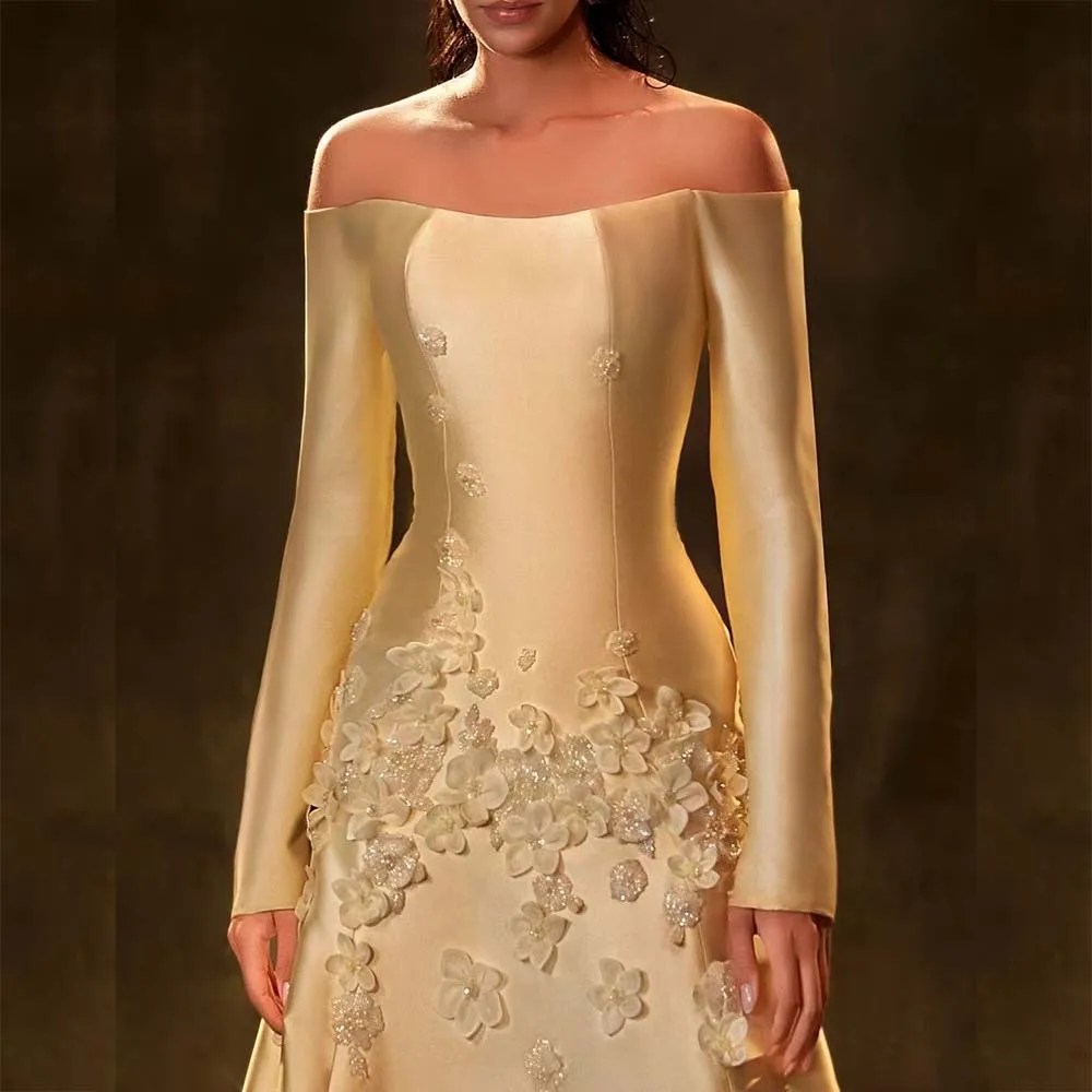 Luxury Appliques Evening Dresses Formal Long Sleeve Chapel Train Boat Neck Gowns Special Occasuin A-Line Birthday Party Dress