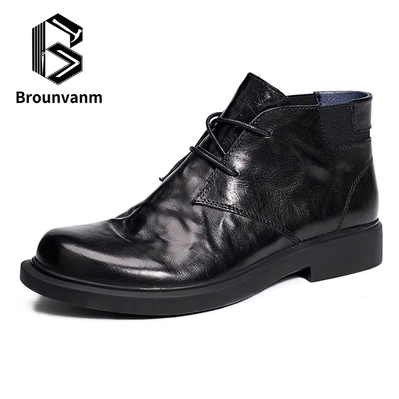 

Autumn Winter Cowboy Boots Fashion Genuine Leather Mens Combat Ankle Men Boots Cowhide Luxury Shoes Men British Retro Chelsea