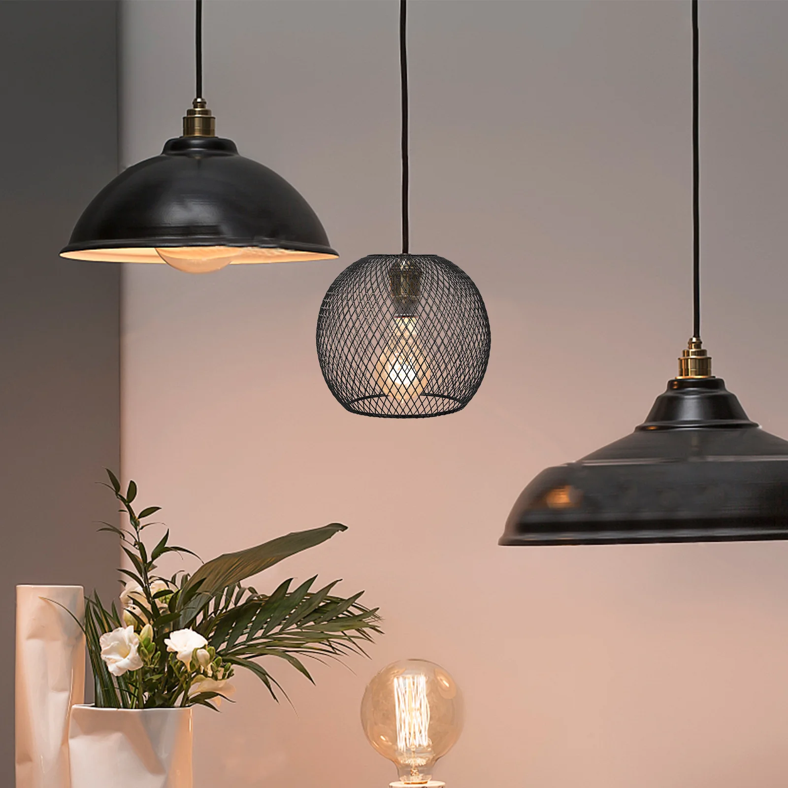 

Hollow Out Iron Lampshade Modern Style Metal Guard for Ceiling Light E27 Vintage Globe Pendant Black Easy Install