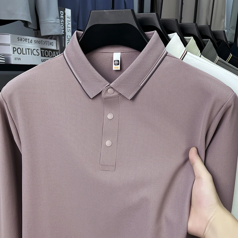 2025 Fashion Men's Solid Color Long Sleeve Polo Shirt Turn-Down Collar Thin T-Shirt Autumn Business Casual Base Layer