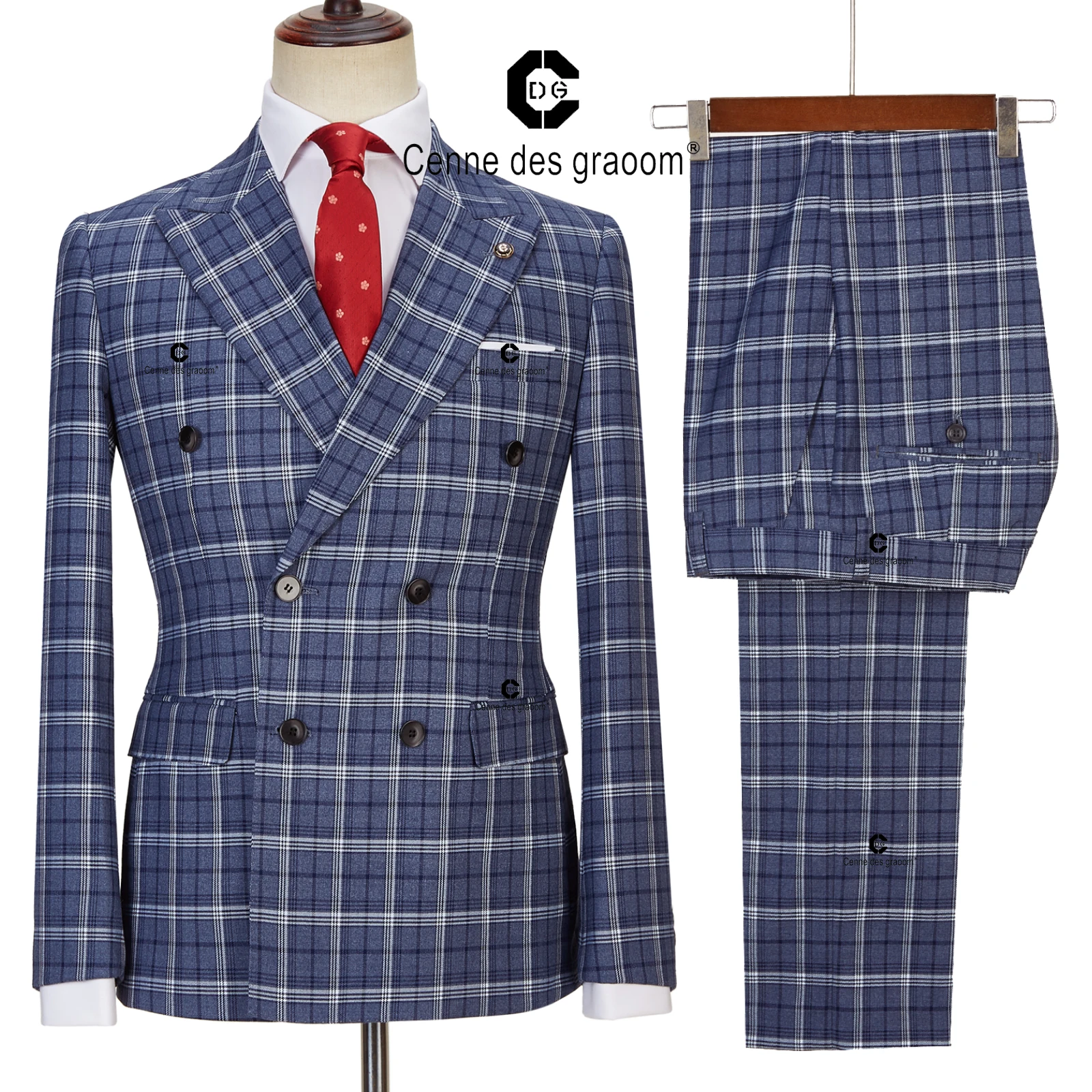 Cenne Des Graoom 2022 New Double Breasted Plaid Suit Men Slim Fit Blue 2 Pieces Set Blazer Pants Vintage Fashion Costume Homme